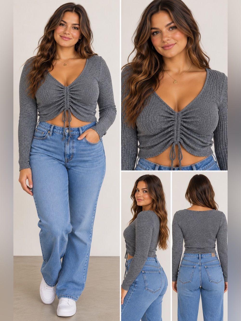 SHEIN Gray Ribbed Ruched Drawstring Long Sleeve Crop Top Women’s XL Stretch